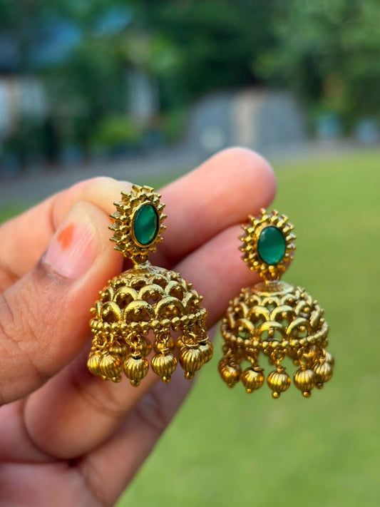 J0214 Small Size Jhumka with Green stone