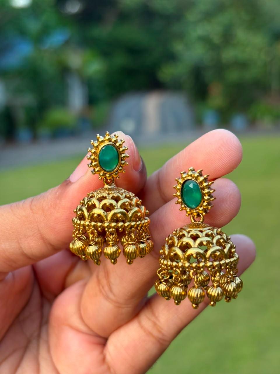 J0214 Small Size Jhumka with Green stone