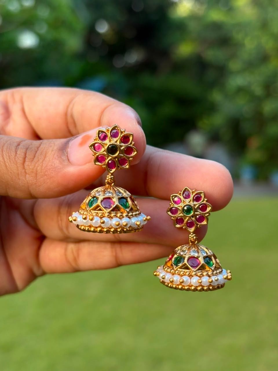 J0120 Traditional Ruby Green Jhumka push back Small size jhumka