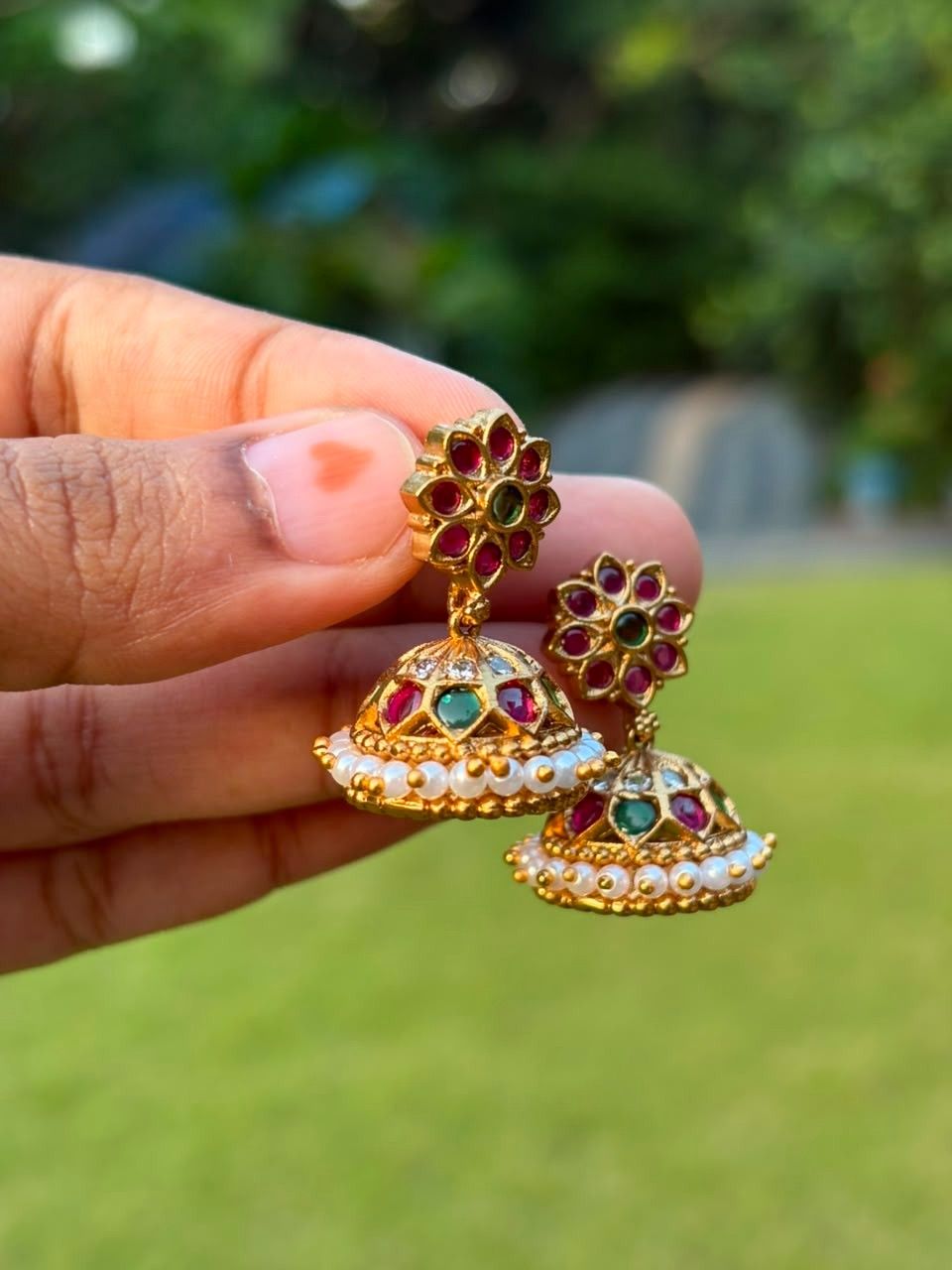 J0120 Traditional Ruby Green Jhumka push back Small size jhumka