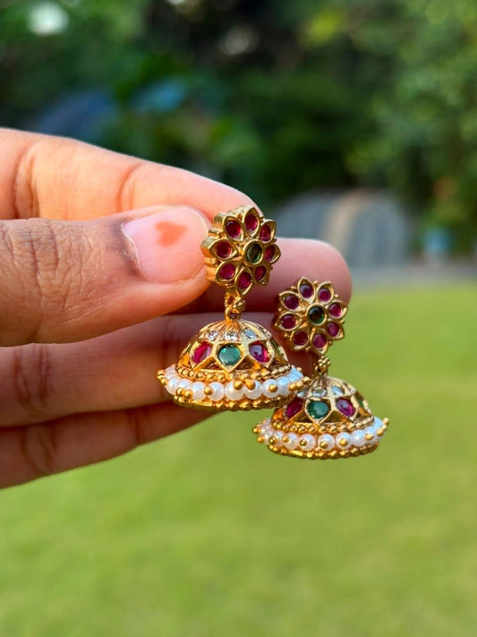 J0120 Traditional Ruby Green Jhumka push back Small size jhumka