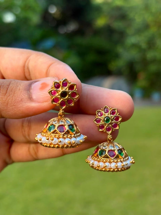 J0120 Traditional Ruby Green Jhumka push back Small size jhumka