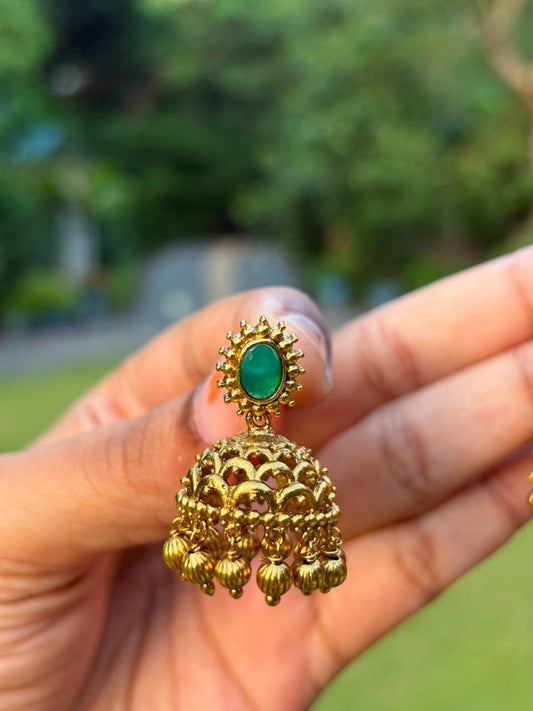 J0214 Small Size Jhumka with Green stone