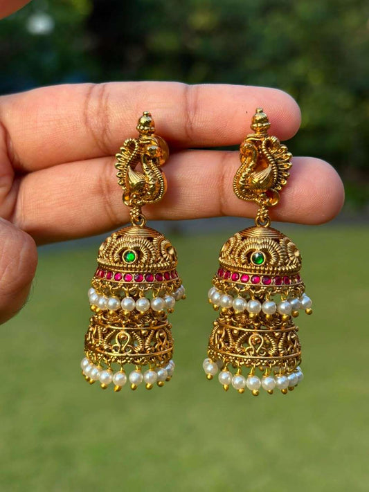 J0212 Premium Quality Pure Jadau Kundan Stone Bridal Layer Jhumka