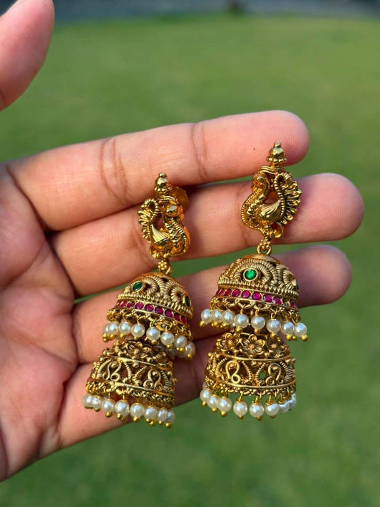 J0212 Premium Quality Pure Jadau Kundan Stone Bridal Layer Jhumka