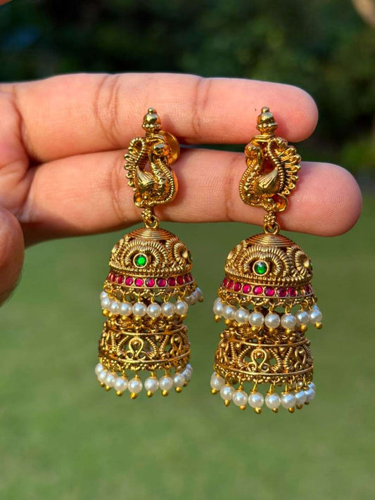 J0212 Premium Quality Pure Jadau Kundan Stone Bridal Layer Jhumka