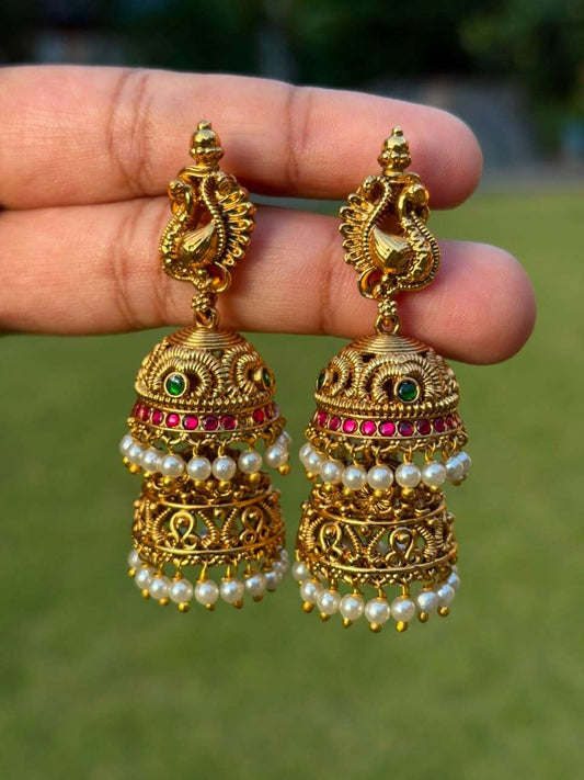 J0212 Premium Quality Pure Jadau Kundan Stone Bridal Layer Jhumka