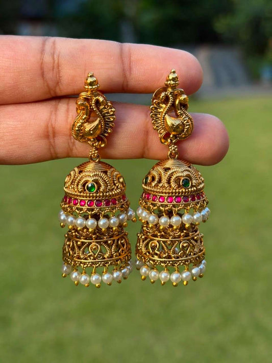 J0212 Premium Quality Pure Jadau Kundan Stone Bridal Layer Jhumka