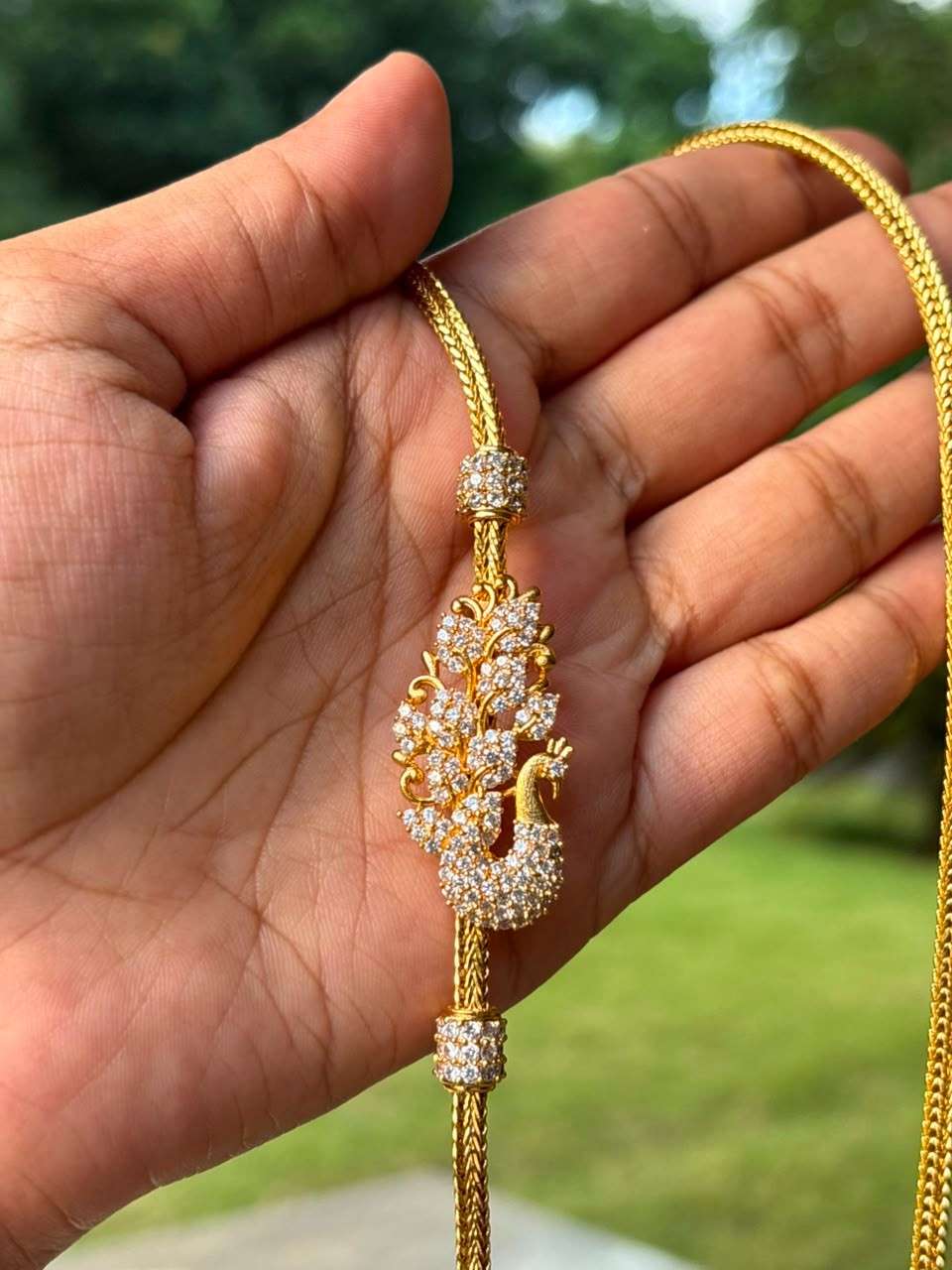 C012 white Stone Peacock Mogappu 27.5 inch long chain with S Hook