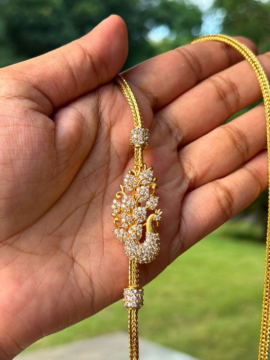 C012 white Stone Peacock Mogappu 27.5 inch long chain with S Hook