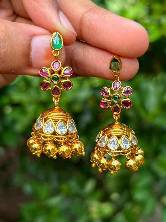 J0052 Stone Floral jhumka with golden beads