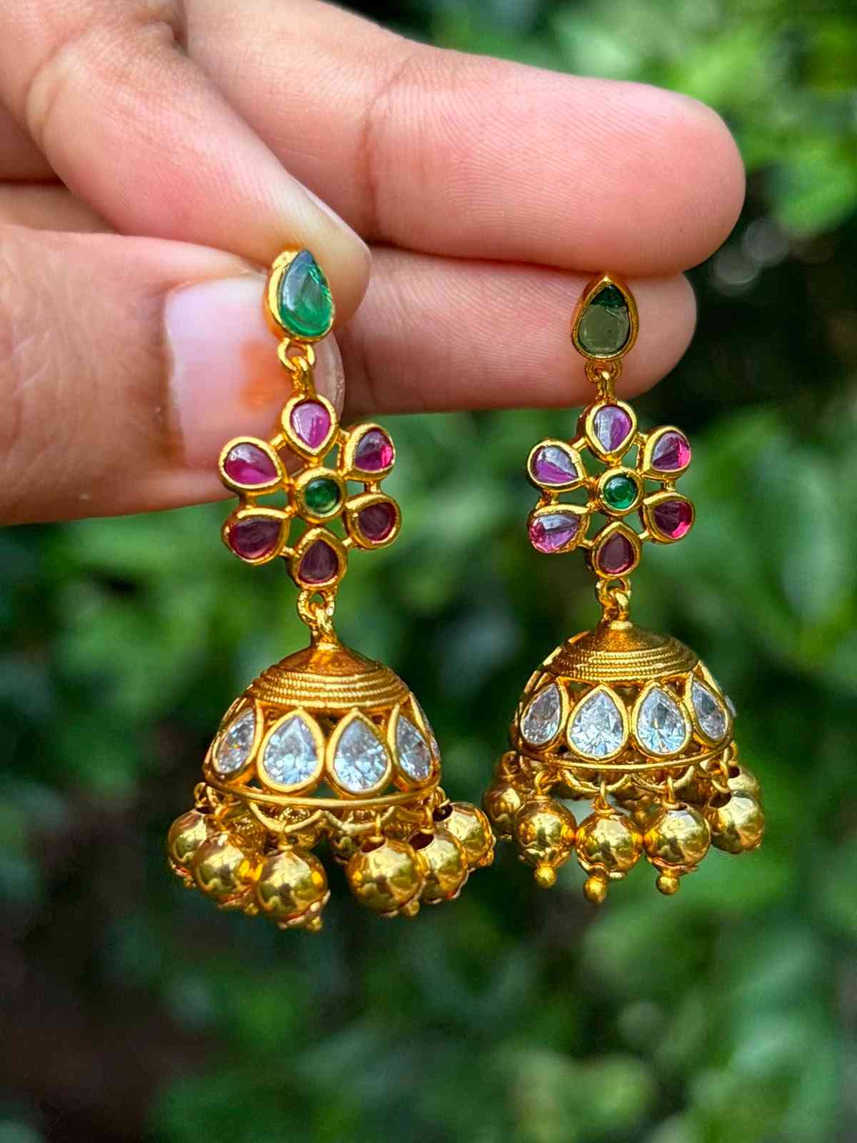 J0052 Stone Floral jhumka with golden beads