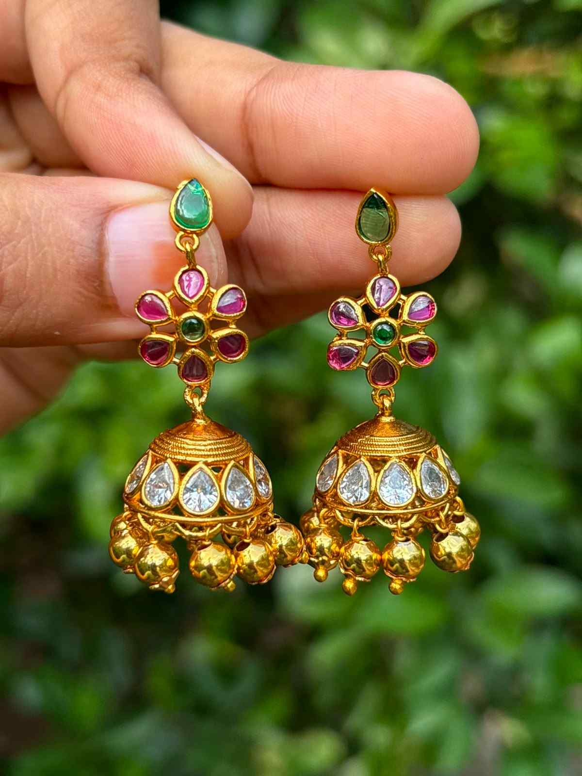 J0052 Stone Floral jhumka with golden beads