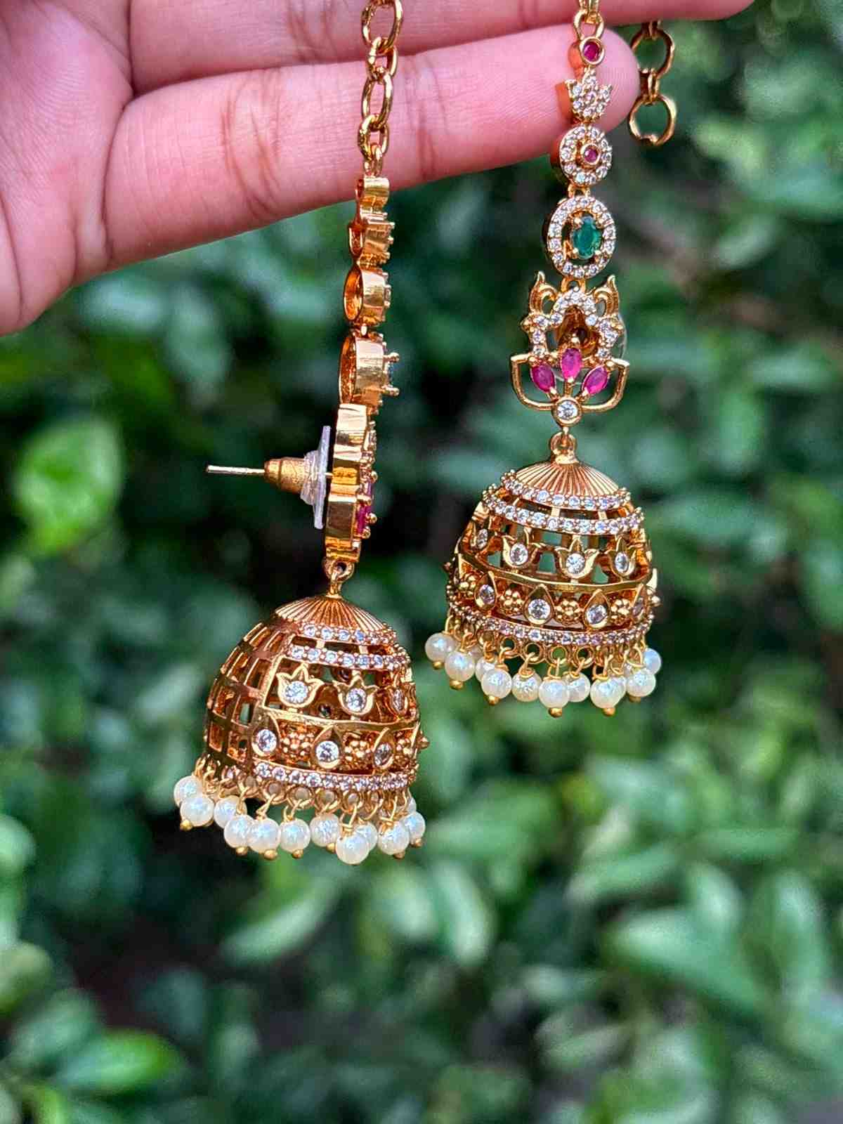 J0017 Premium Quality Floral Stone Jhumka with Attached Mattal