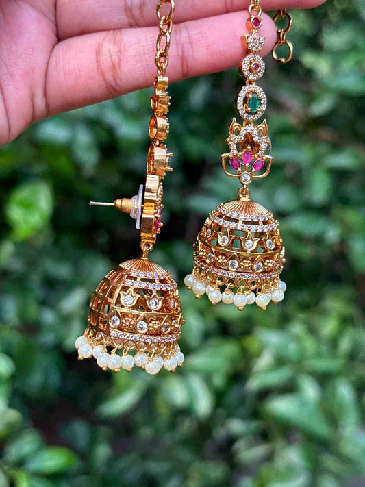 J0017 Premium Quality Floral Stone Jhumka with Attached Mattal