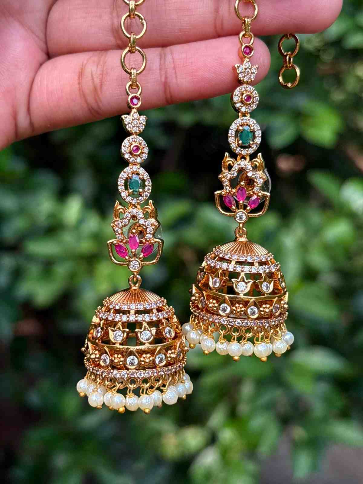 J0017 Premium Quality Floral Stone Jhumka with Attached Mattal