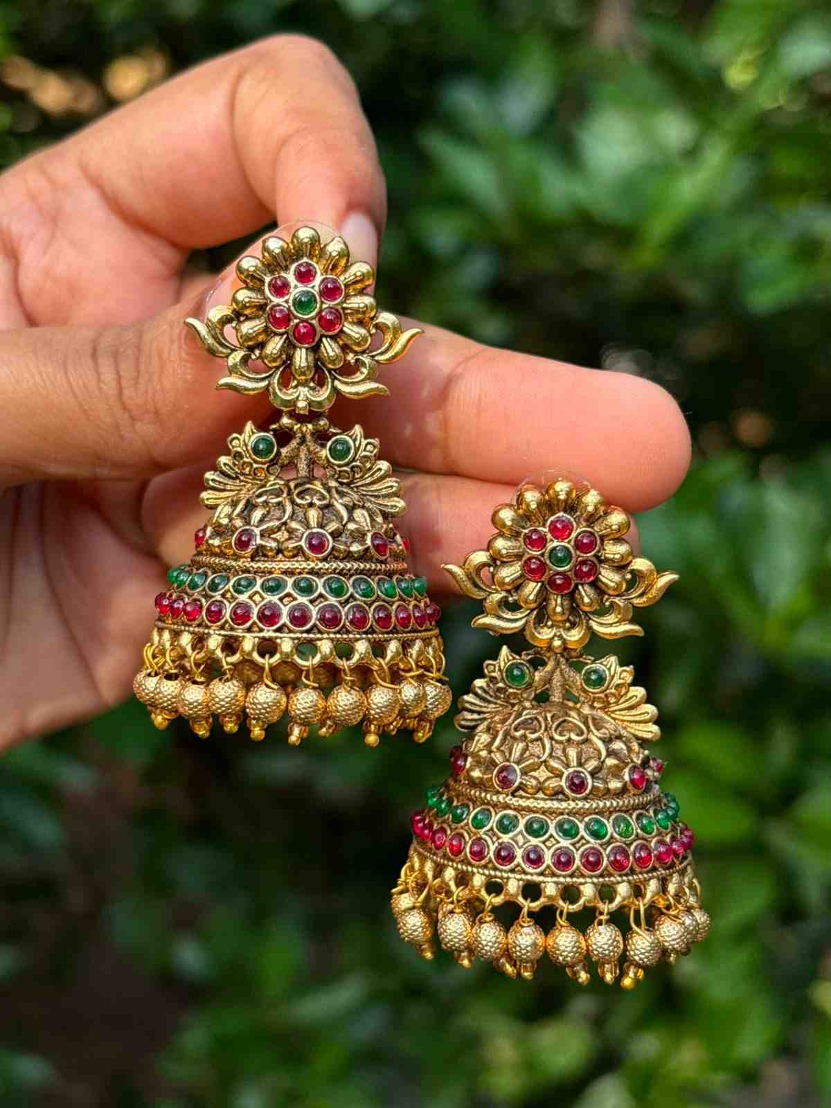 J008 Floral Antique Finish Bridal Jhumka