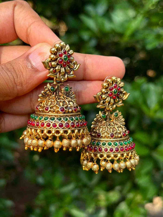 J008 Floral Antique Finish Bridal Jhumka