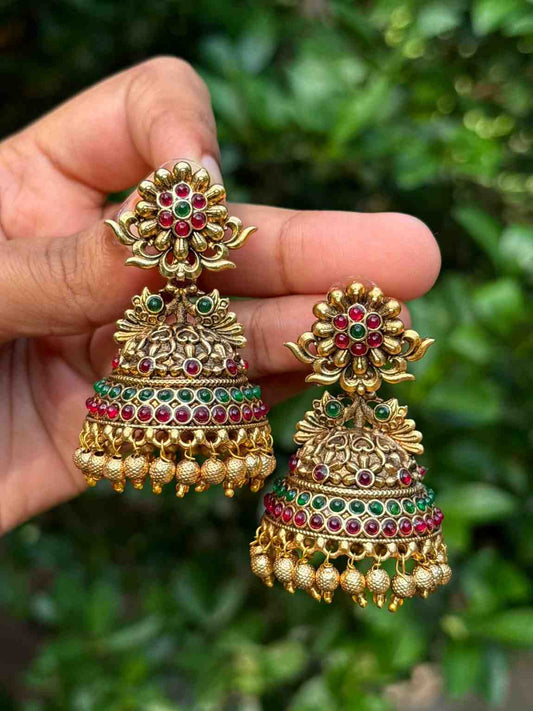 J008 Floral Antique Finish Bridal Jhumka