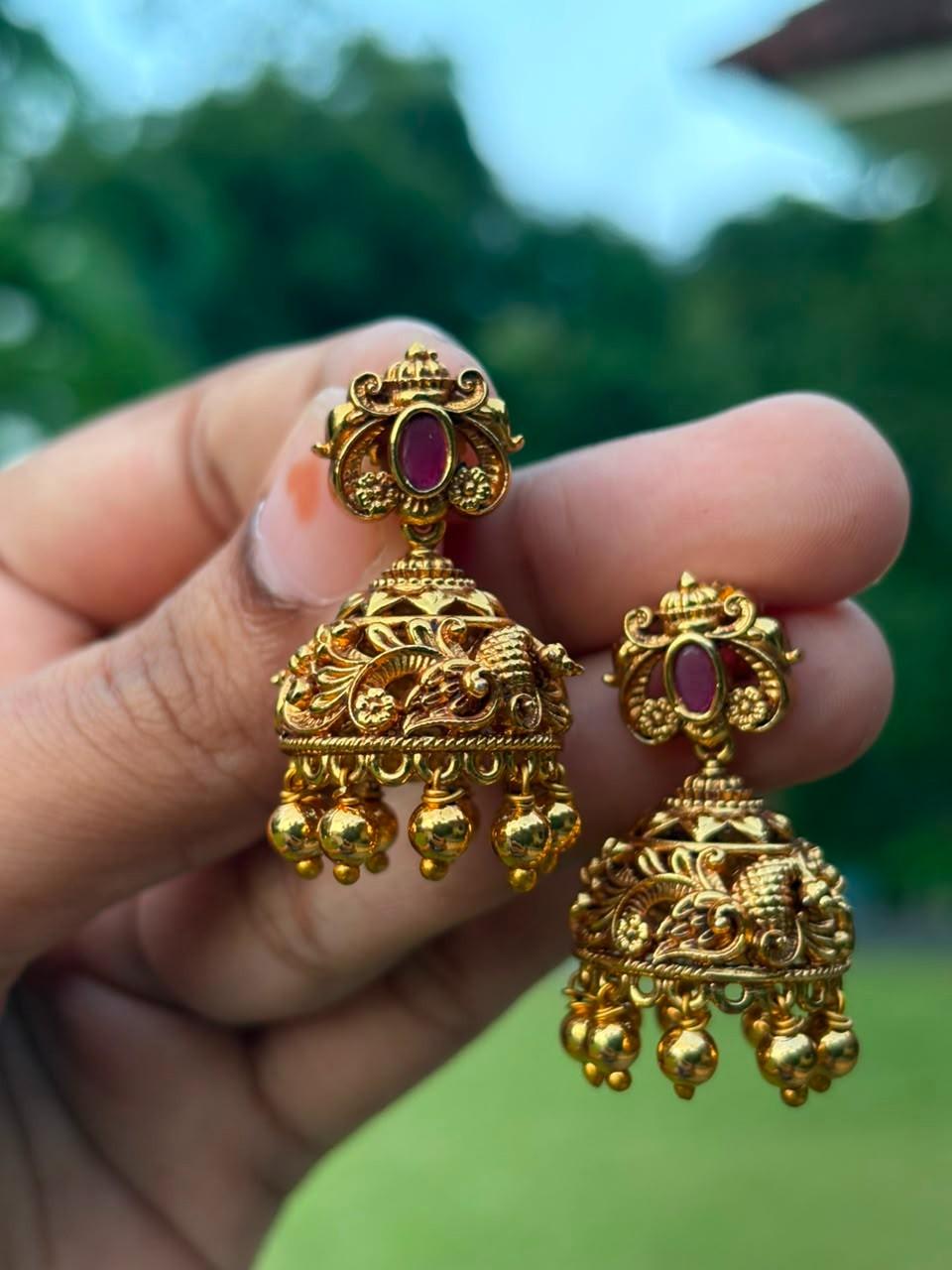 J0021 Red stone Peacock Jhumka