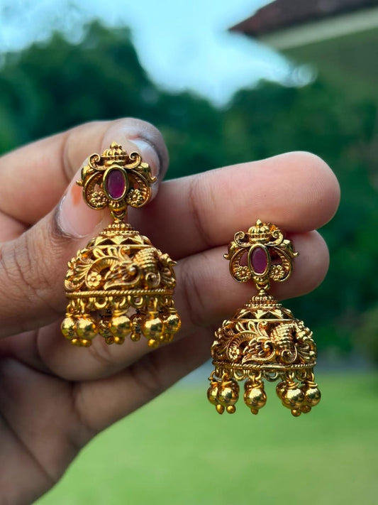 J0021 Red stone Peacock Jhumka