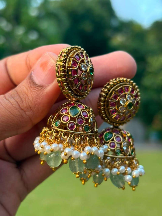 J0026 Premium Kemp Stone Floral Jhumka
