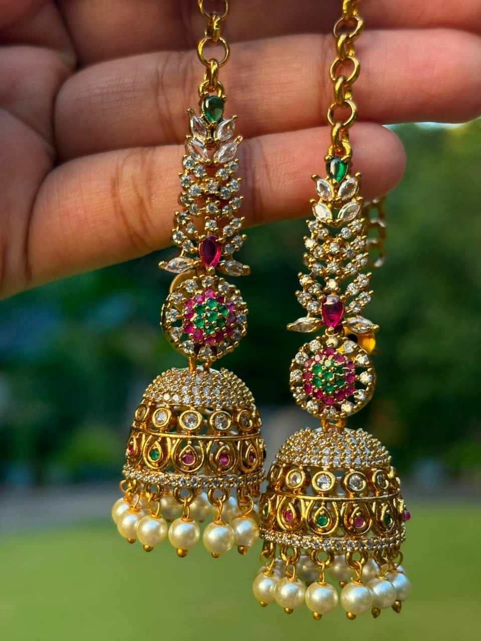 J0016 Floral Stone Jhumka with Attached Mattal