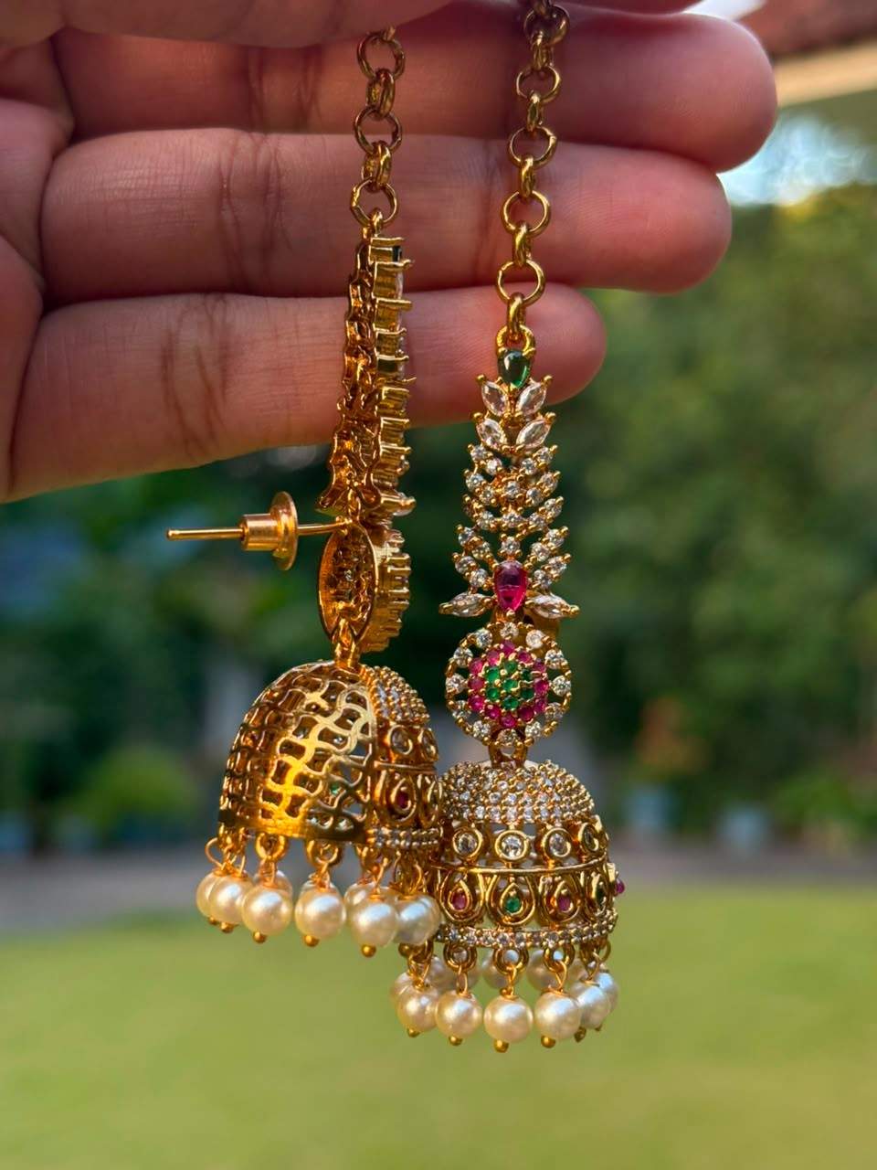 J0016 Floral Stone Jhumka with Attached Mattal