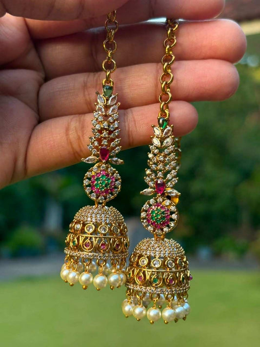 J0016 Floral Stone Jhumka with Attached Mattal