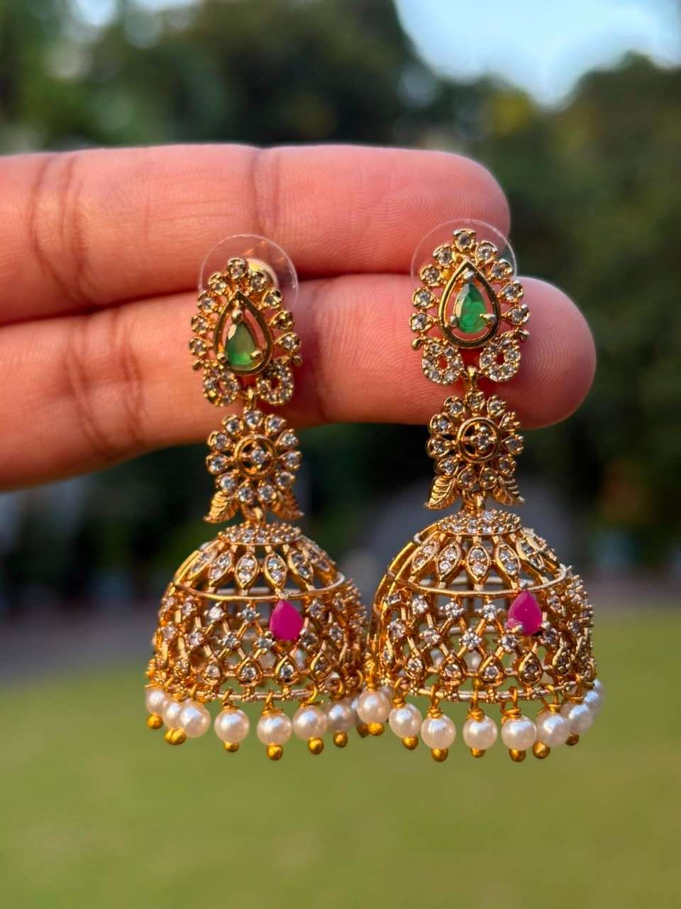 J0031 Medium size floral stone jhumka
