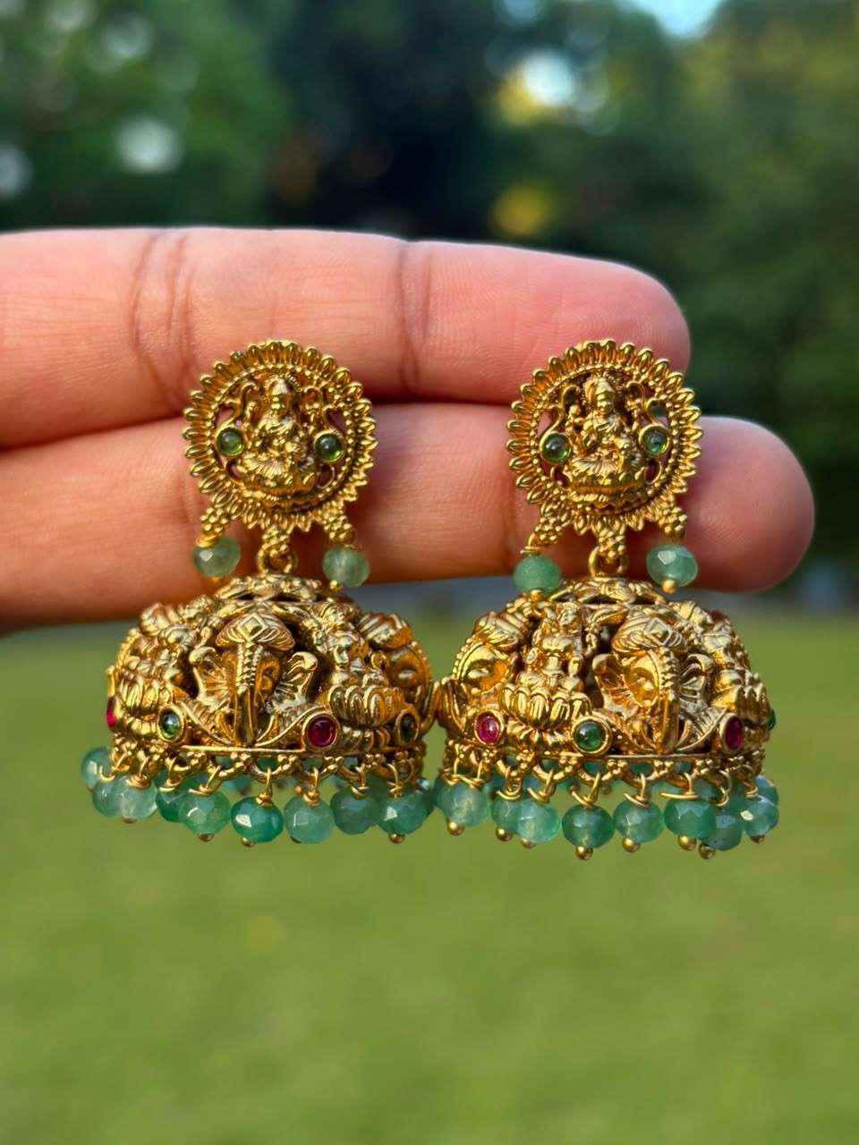 J0029 Lakshmi Jhumka with Green Crystal