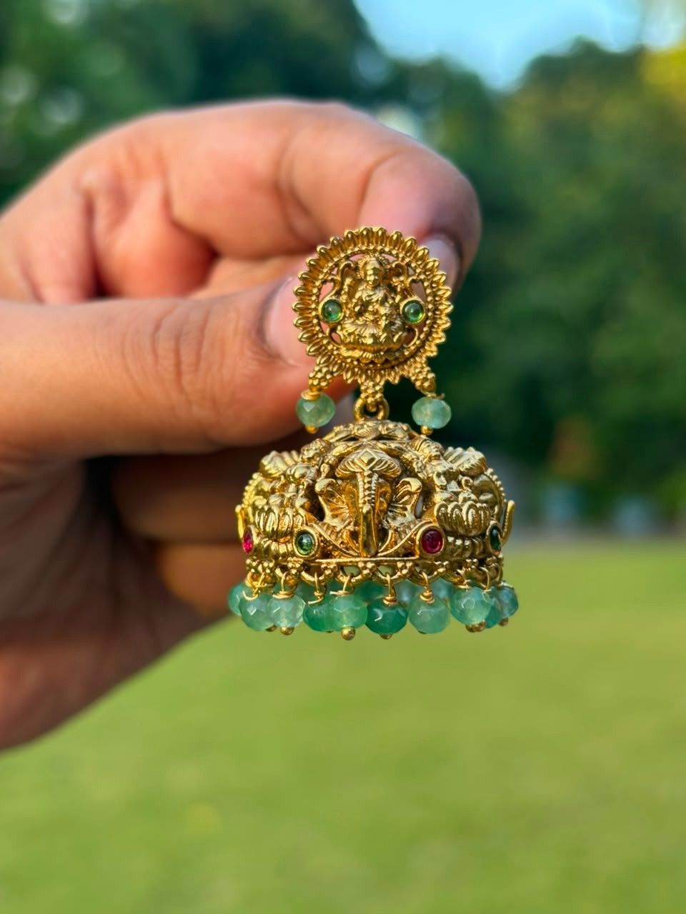 J0029 Lakshmi Jhumka with Green Crystal