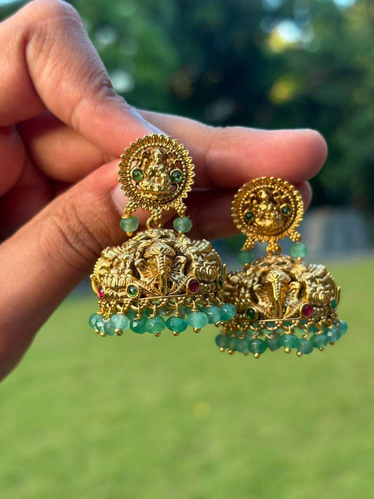J0029 Lakshmi Jhumka with Green Crystal