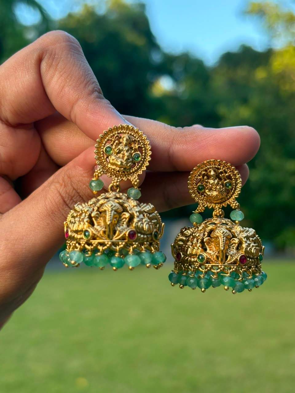 J0029 Lakshmi Jhumka with Green Crystal