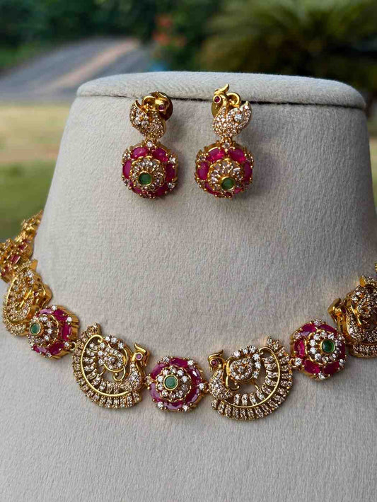 N0043 Premium Ad stone Ruby & Green Peacock Necklace