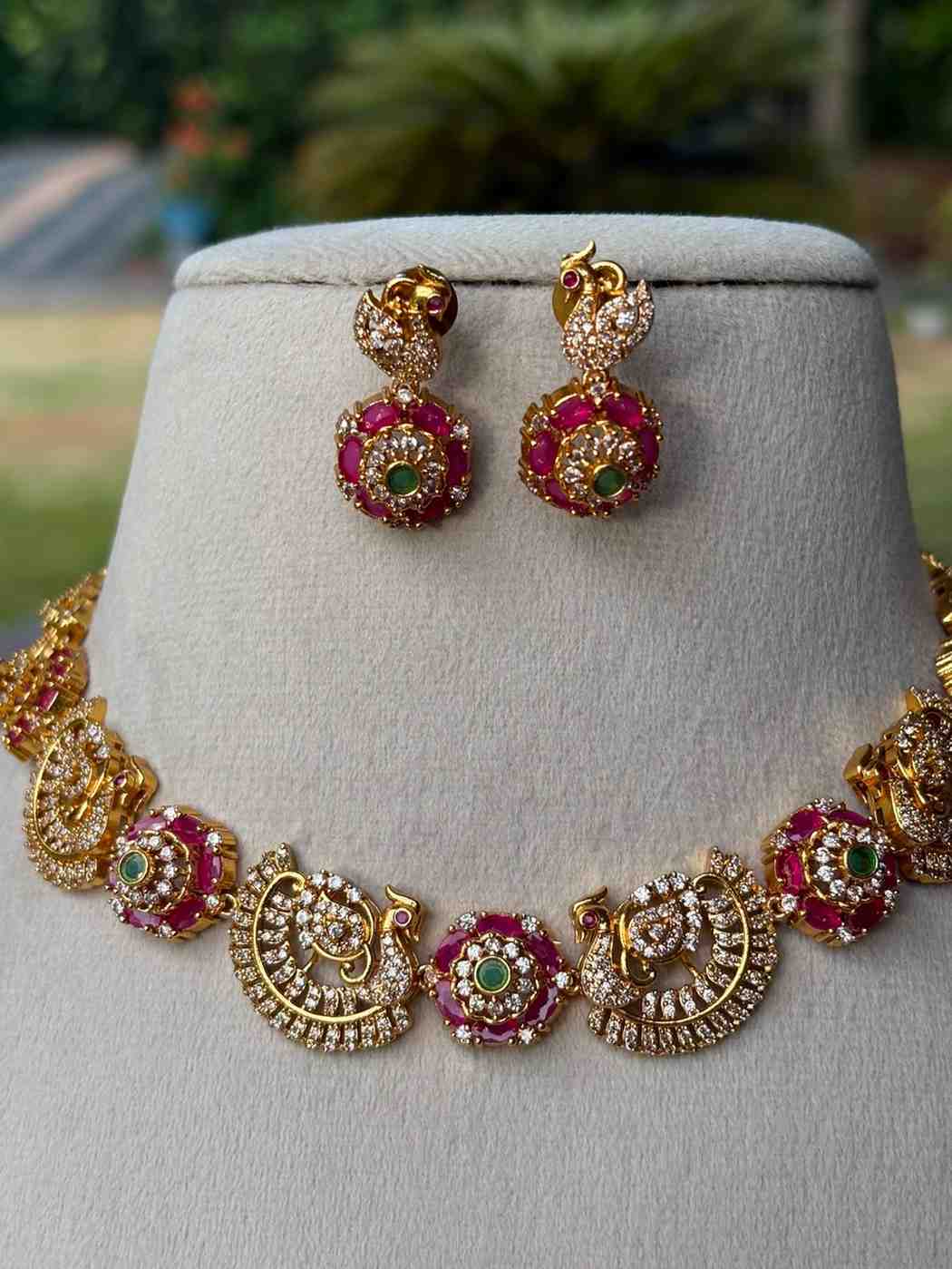 N0043 Premium Ad stone Ruby & Green Peacock Necklace
