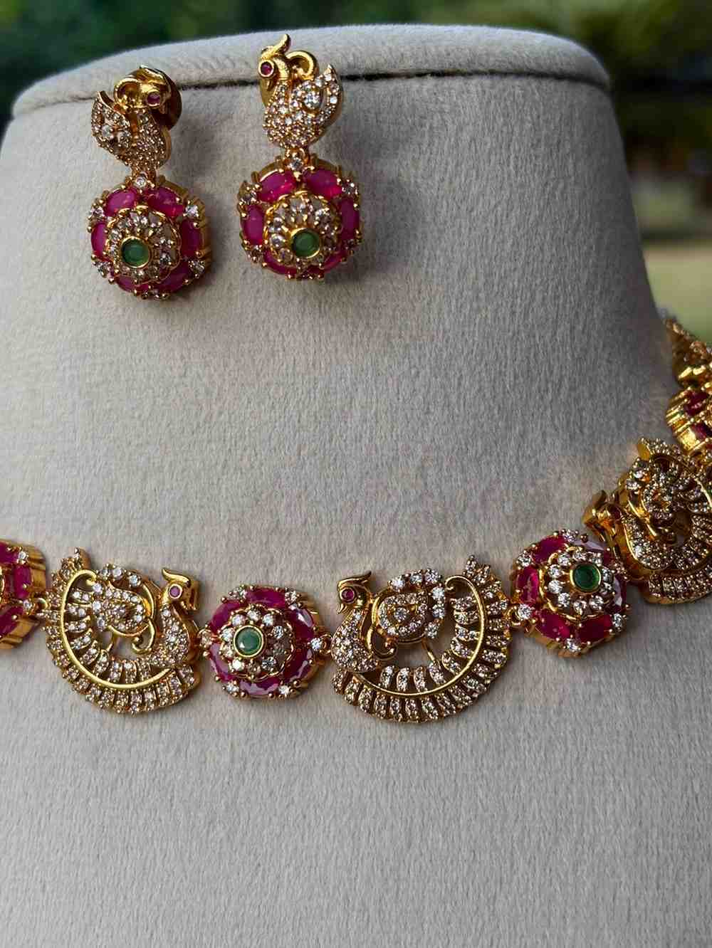 N0043 Premium Ad stone Ruby & Green Peacock Necklace