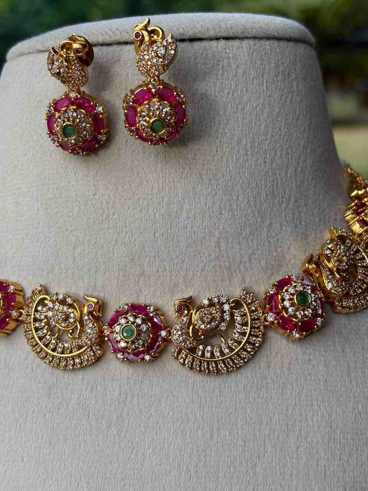 N0043 Premium Ad stone Ruby & Green Peacock Necklace