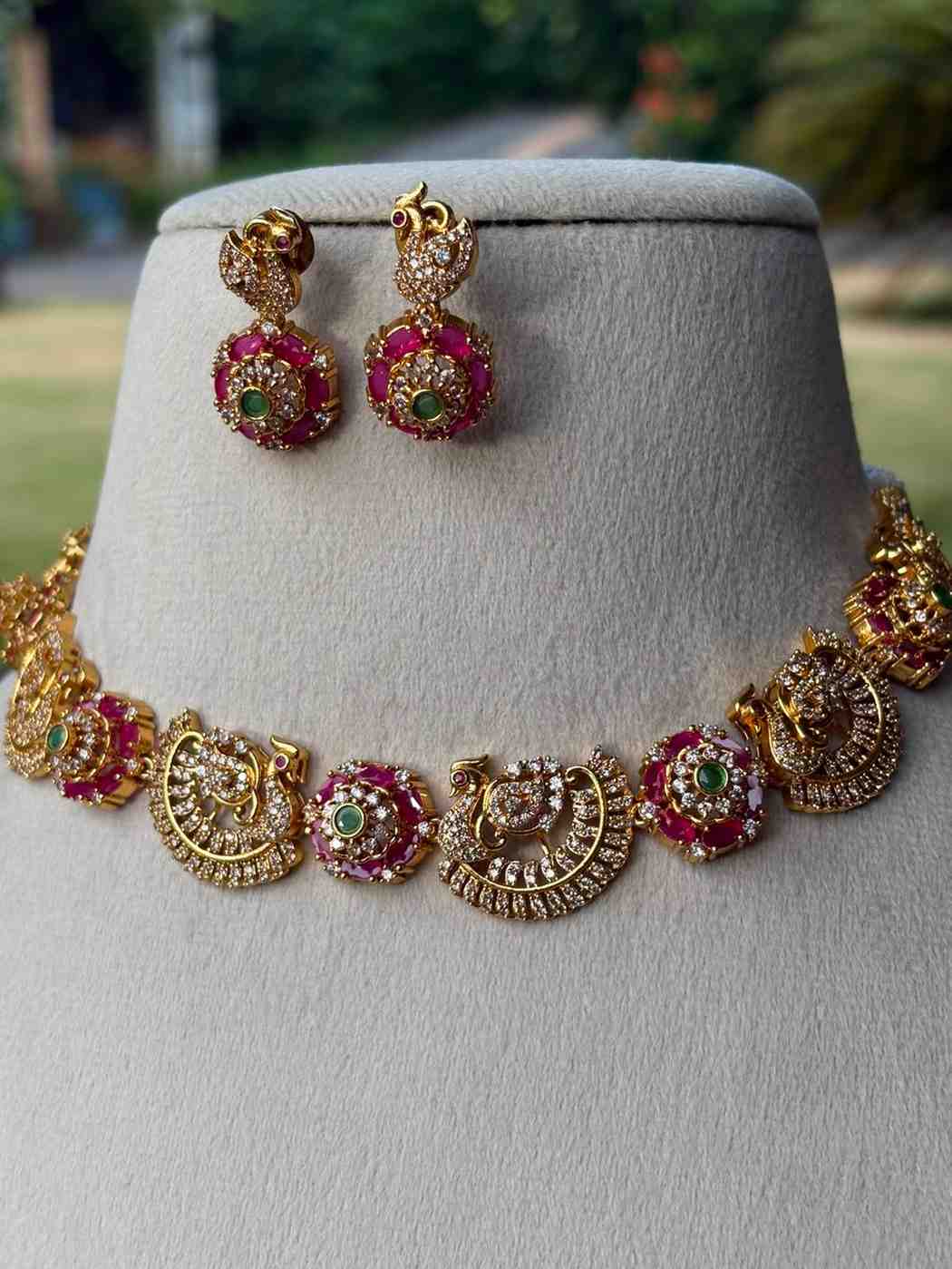 N0043 Premium Ad stone Ruby & Green Peacock Necklace