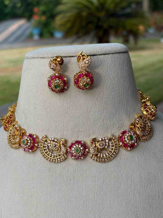 N0043 Premium Ad stone Ruby & Green Peacock Necklace