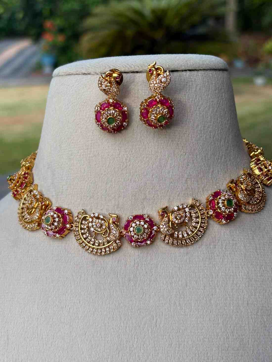 N0043 Premium Ad stone Ruby & Green Peacock Necklace
