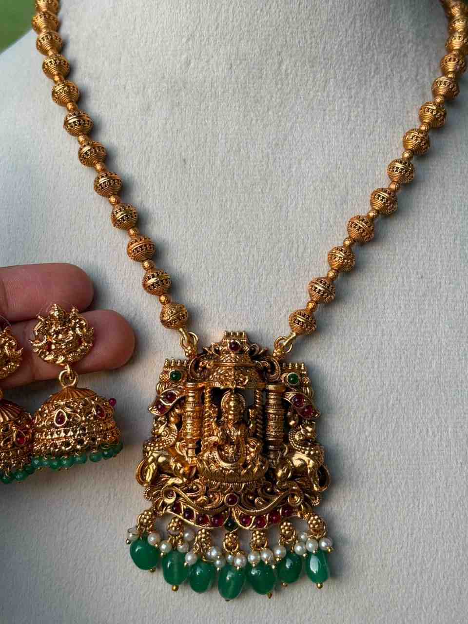 H0008 Matte Finish Lakshmi Pendent with Green Beads