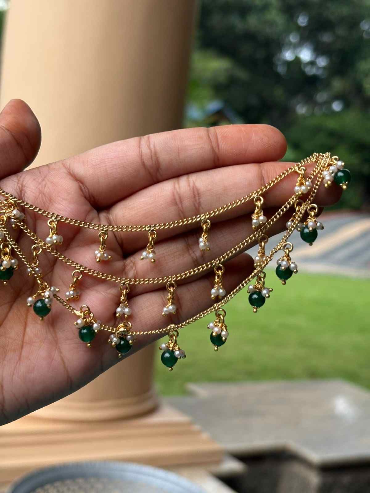 EC029 Ear chain 4 Layer with Pearl And Green beads