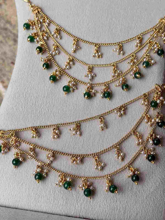 EC029 Ear chain 4 Layer with Pearl And Green beads