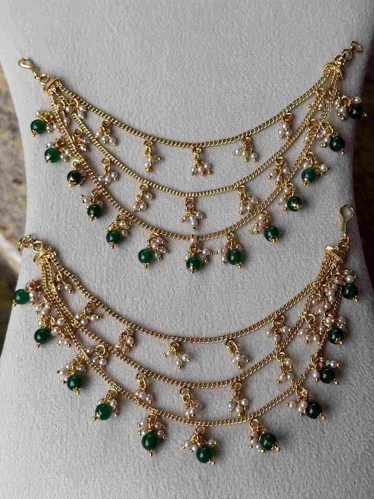 EC029 Ear chain 4 Layer with Pearl And Green beads