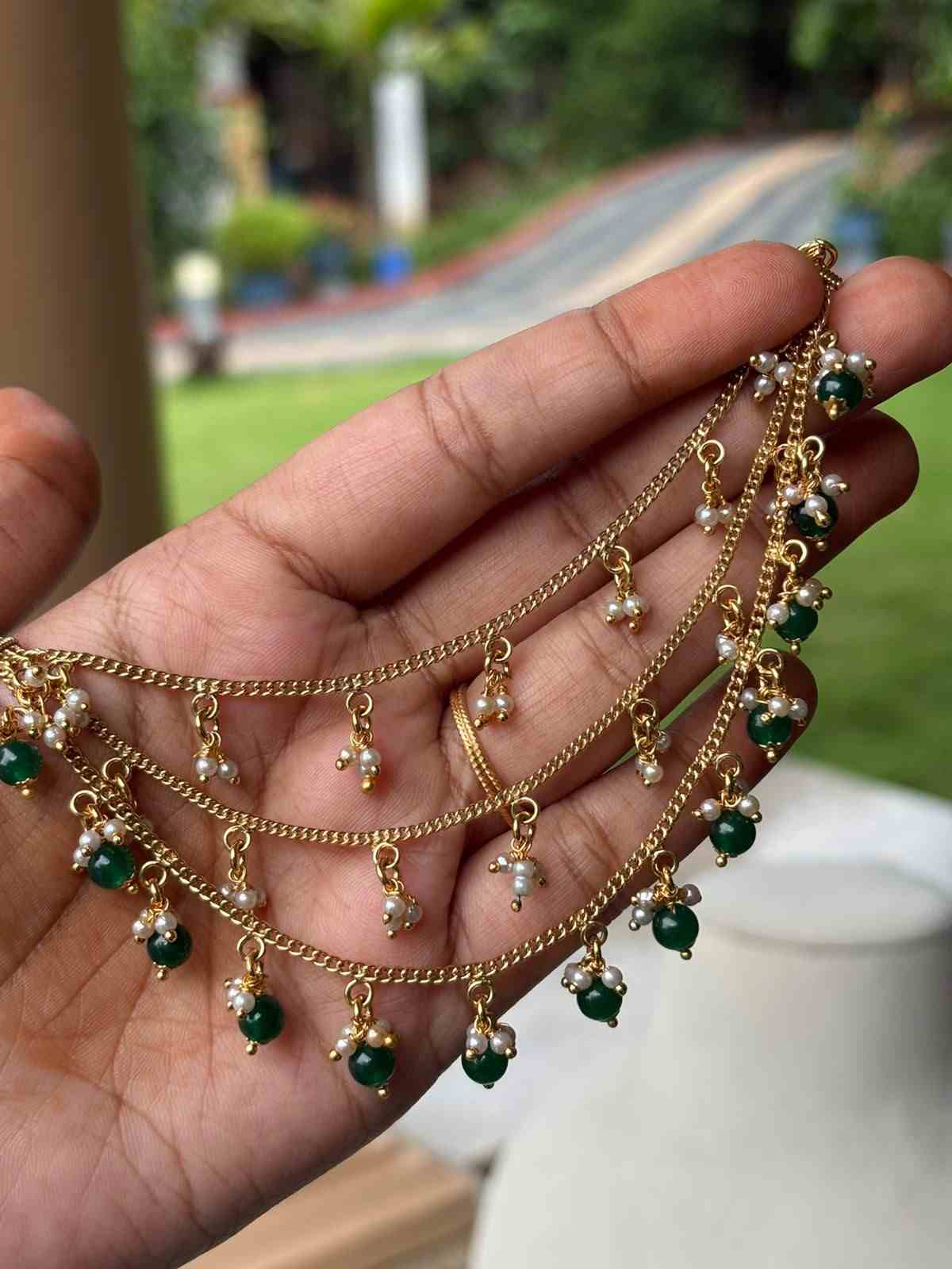 EC029 Ear chain 4 Layer with Pearl And Green beads