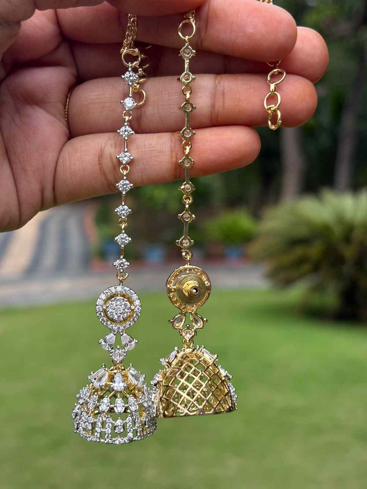J0231 Diamond Replica Jhumka With Attached Mattal GJ Polish