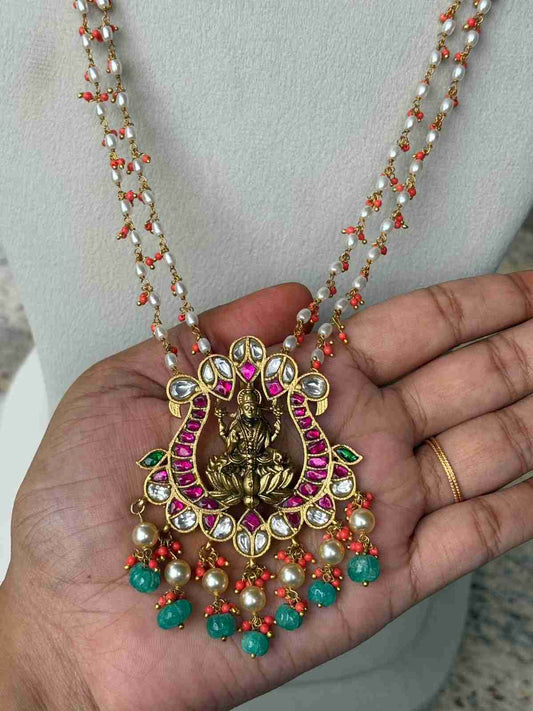 H0104 Jadau Kundan 2 Layer Coral Pearl Lakshmi  Haram