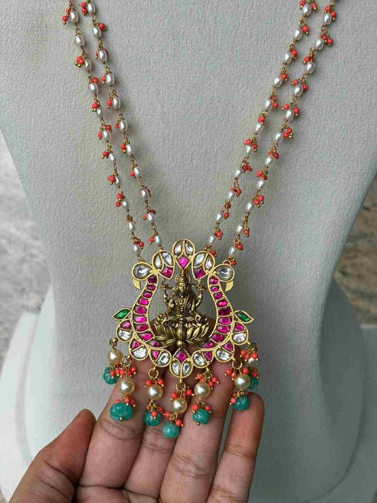 H0104 Jadau Kundan 2 Layer Coral Pearl Lakshmi  Haram