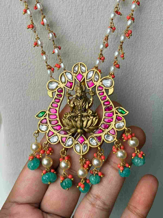 H0104 Jadau Kundan 2 Layer Coral Pearl Lakshmi  Haram